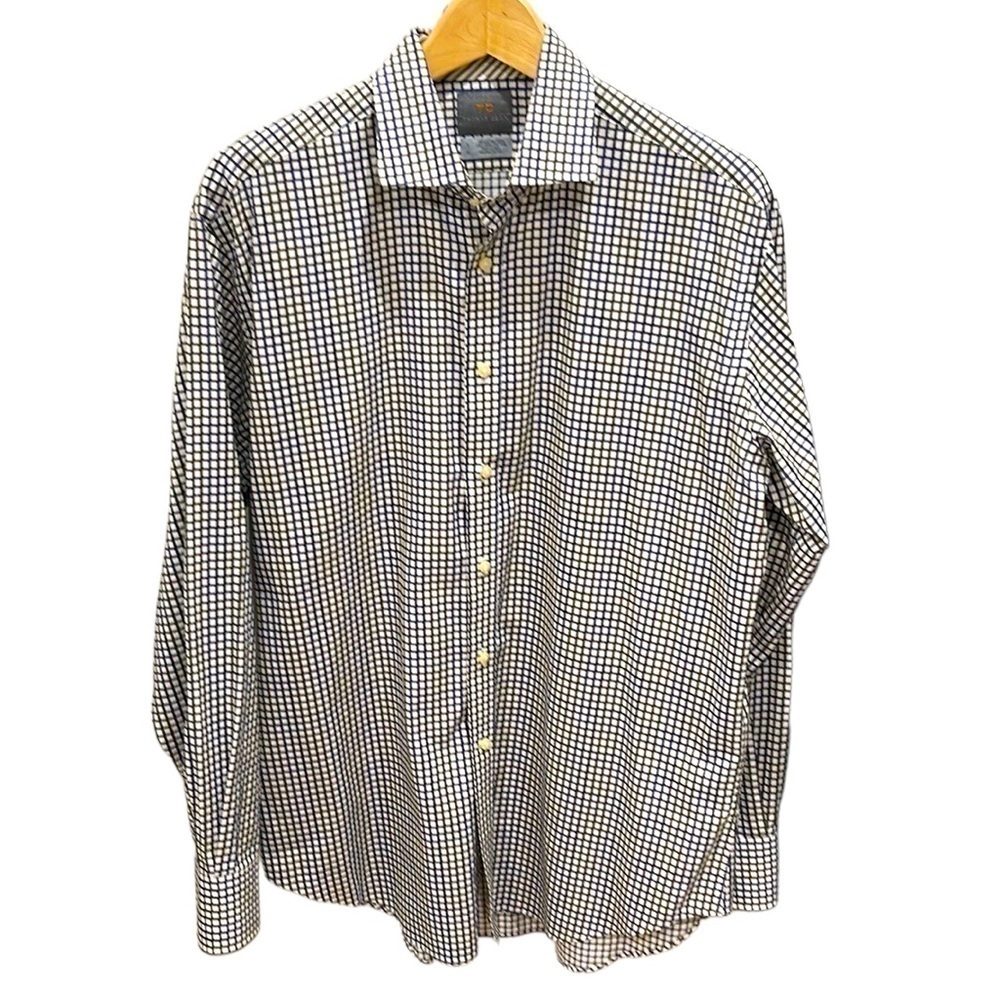 Thomas Dean plaid Navy Olive Dress Shirt SZ L